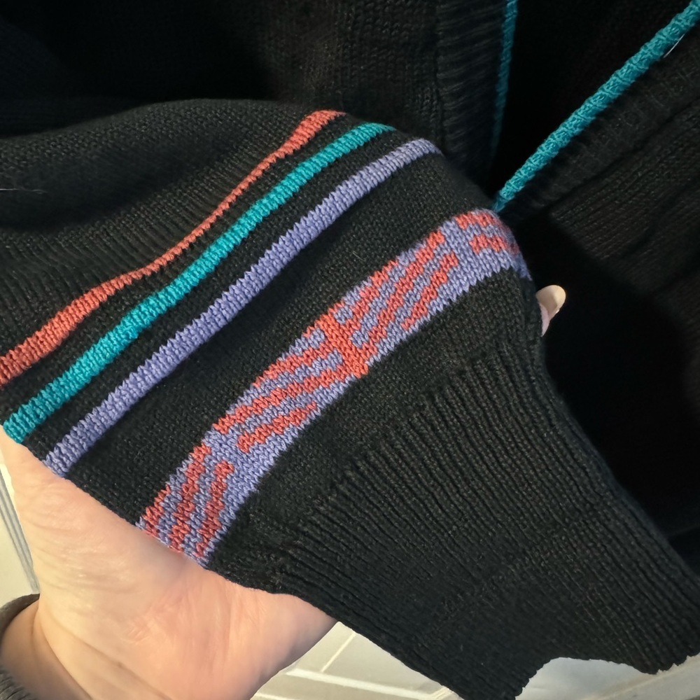 Vintage Bugle Boy Aztec Stipe Eclectic Grandpa Button Up Cardigan Purple Teal - Picture 9 of 12